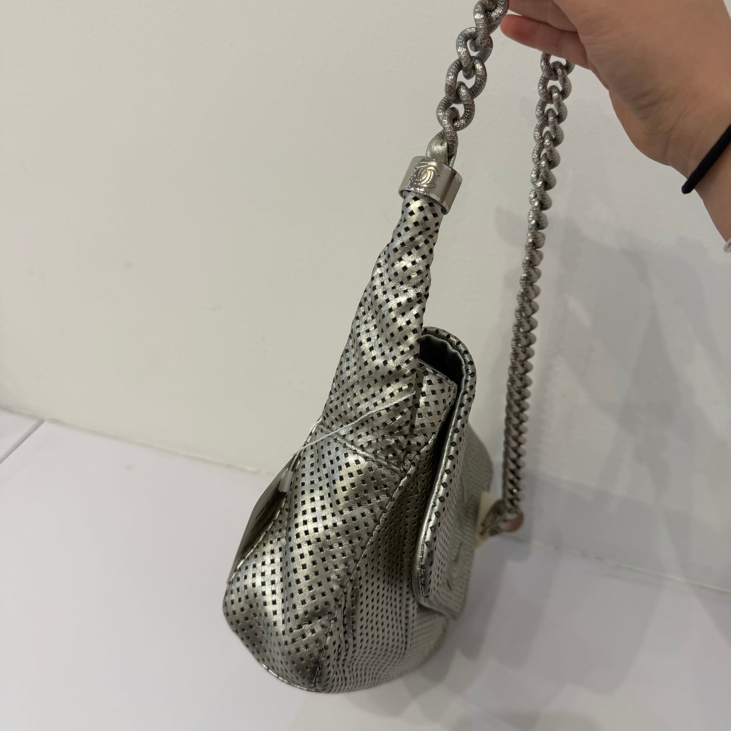 Chanel 2008 Silver Metallic Perforated Leather Rodeo Drive Shoulder Bag