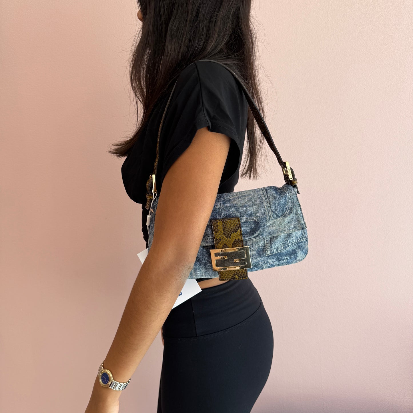 RARE Fendi Denim Metallic Print Python Trim Stone Hardware Baguette Shoulder Bag