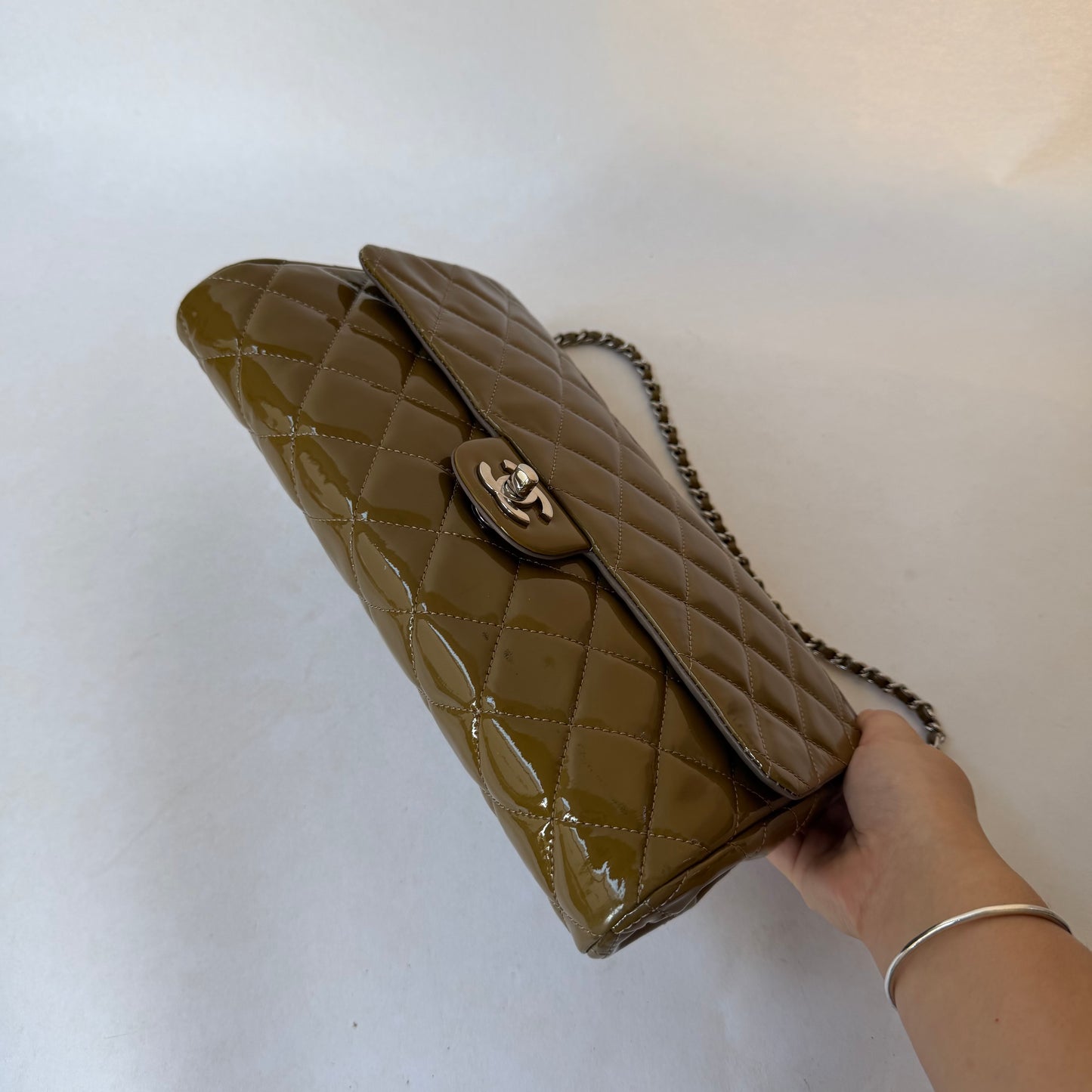Chanel 2011 Patent Khaki Leather Classic Flap Clutch Shoulder Bag