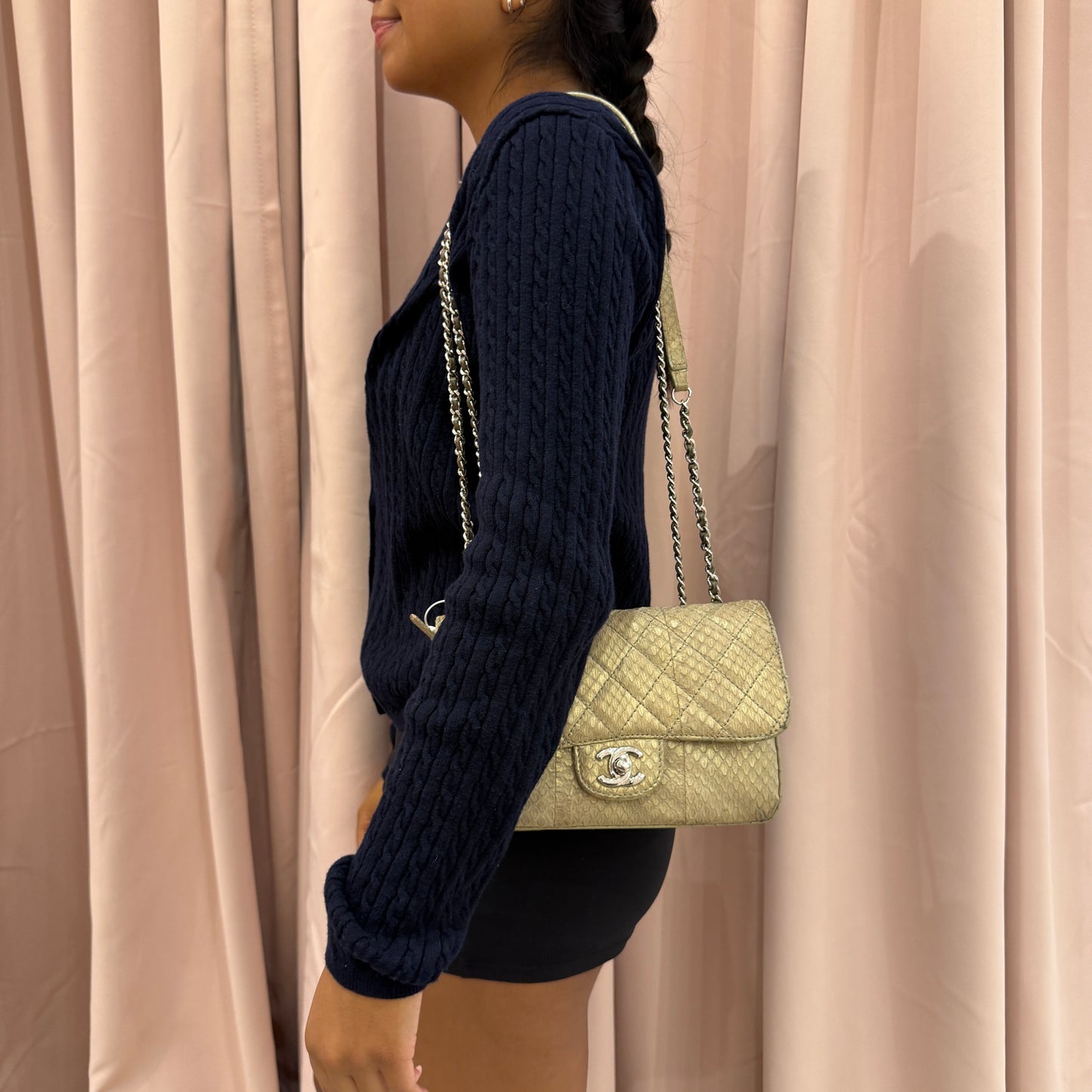 Chanel Beige Snakeskin Leather Quilted Accordion Flap