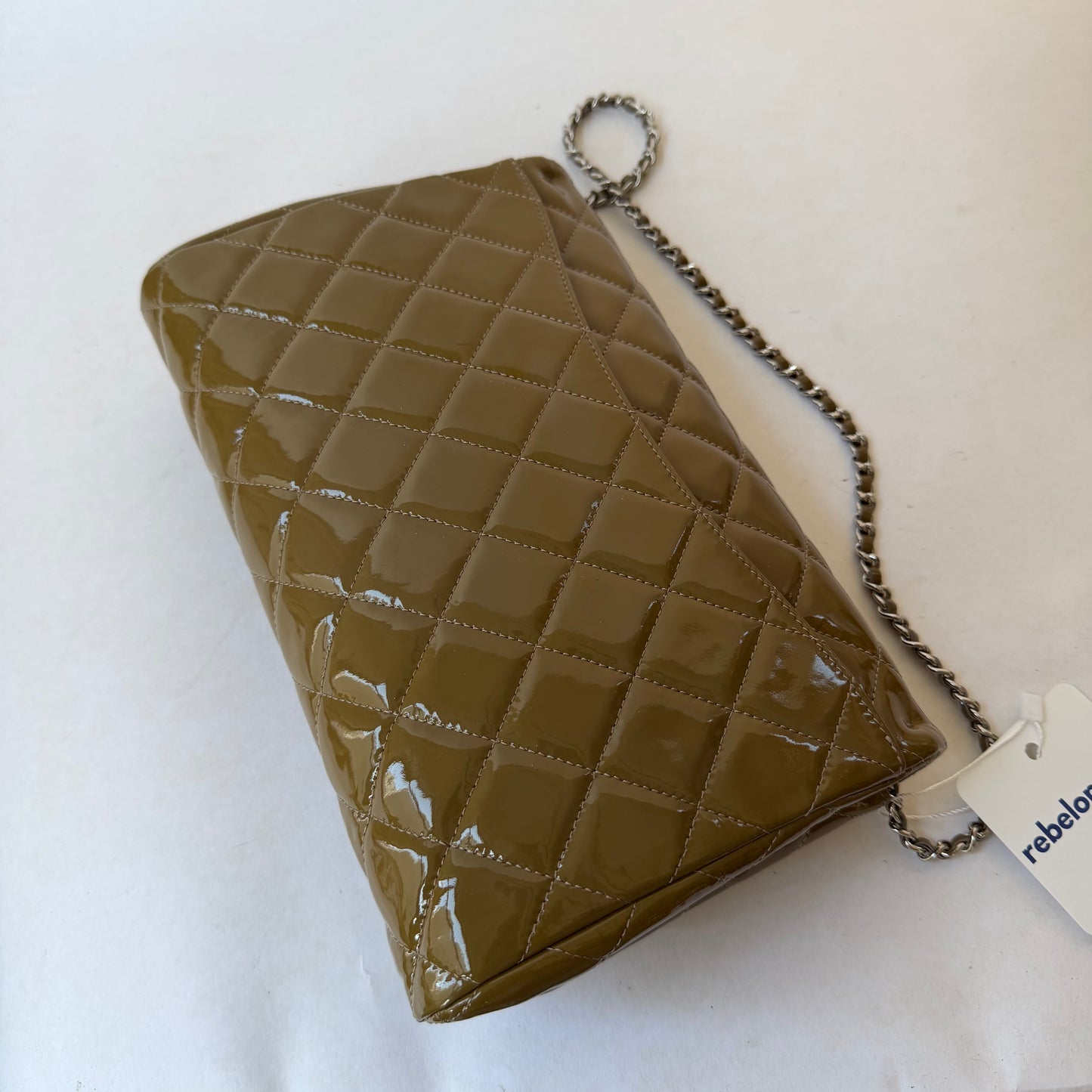 Chanel 2011 Patent Khaki Leather Classic Flap Clutch Shoulder Bag