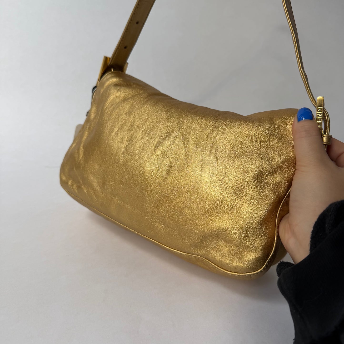Fendi Gold Metallic Leather Rounded Baguette Shoulder Bag