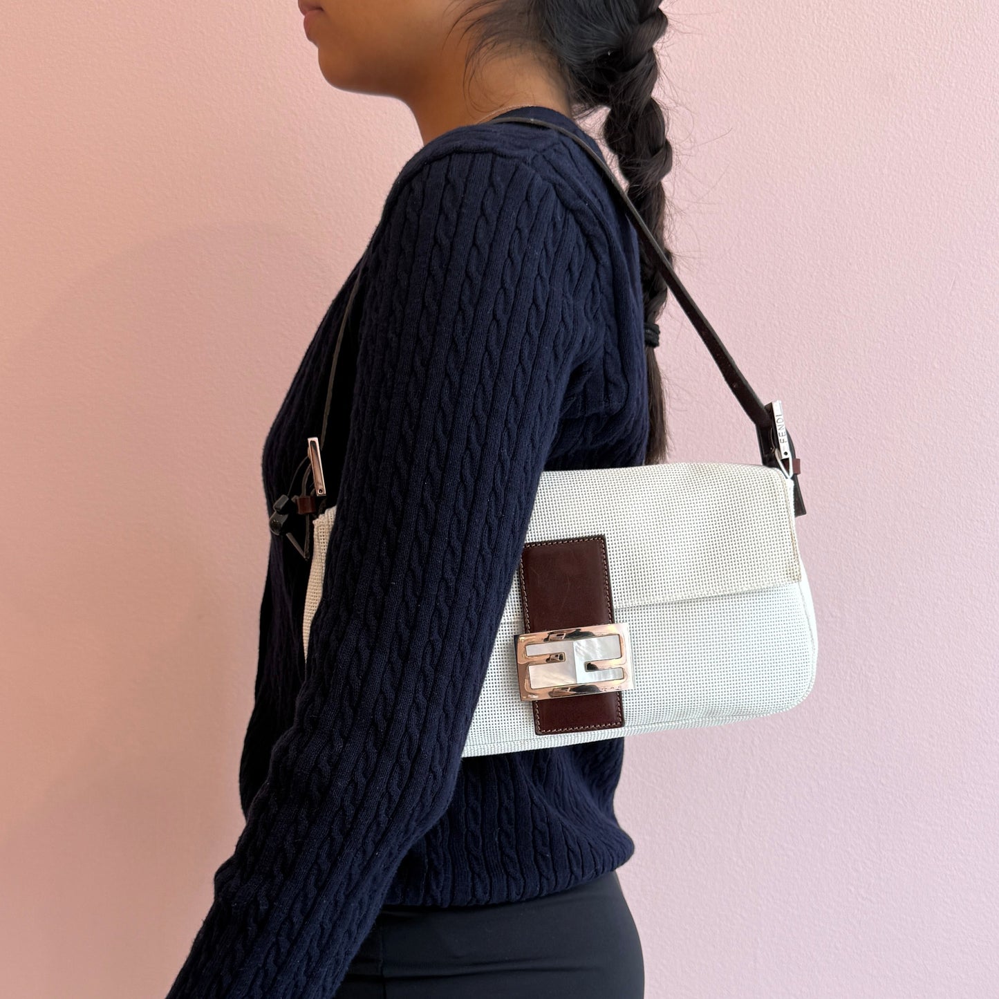 RARE Fendi White & Brown Mesh & Leather Mother Of Pearl Baguette Shoulder Bag