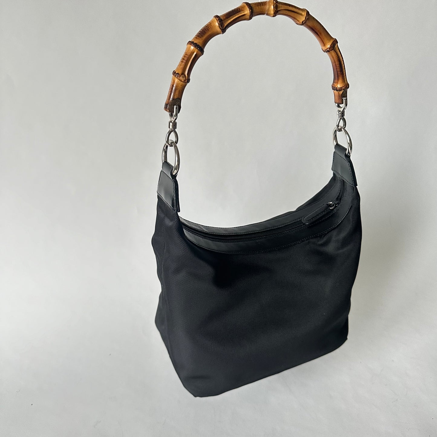 Gucci Black Nylon Bamboo Handle Hobo Tote