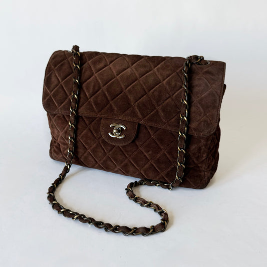 Chanel Brown Suede Antique Gold Hardware Large Flap