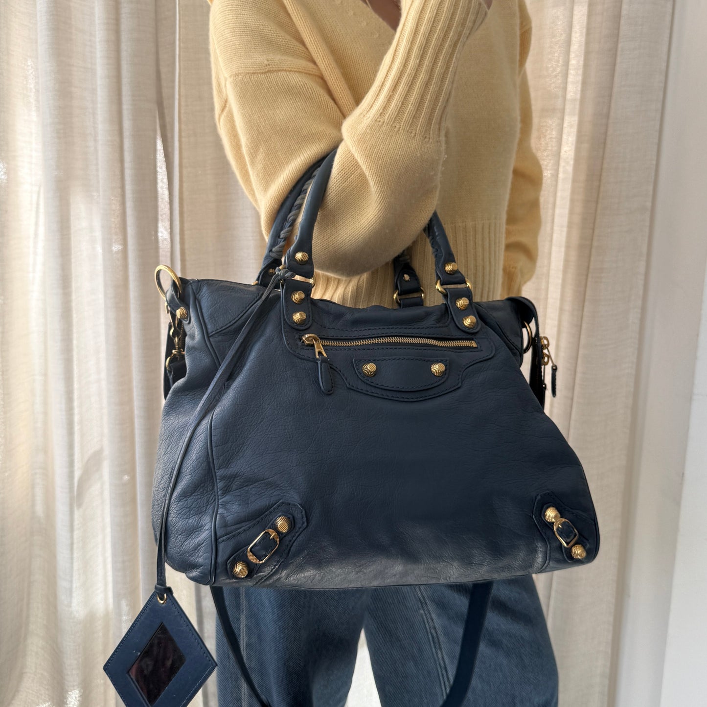 Balenciaga Dark Blue Leather Motorcycle Velo Bag w/ Crossbody Strap