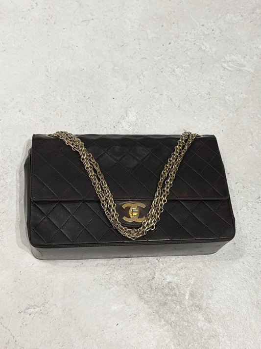 Chanel Brown Leather Chain Bijoux Classic Flap 1990's 24K GPHW