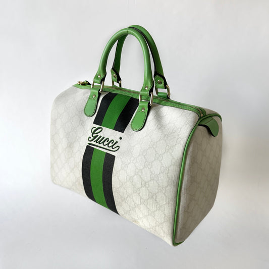 Gucci White Monogram Green Web Stripe Large Boston Bag