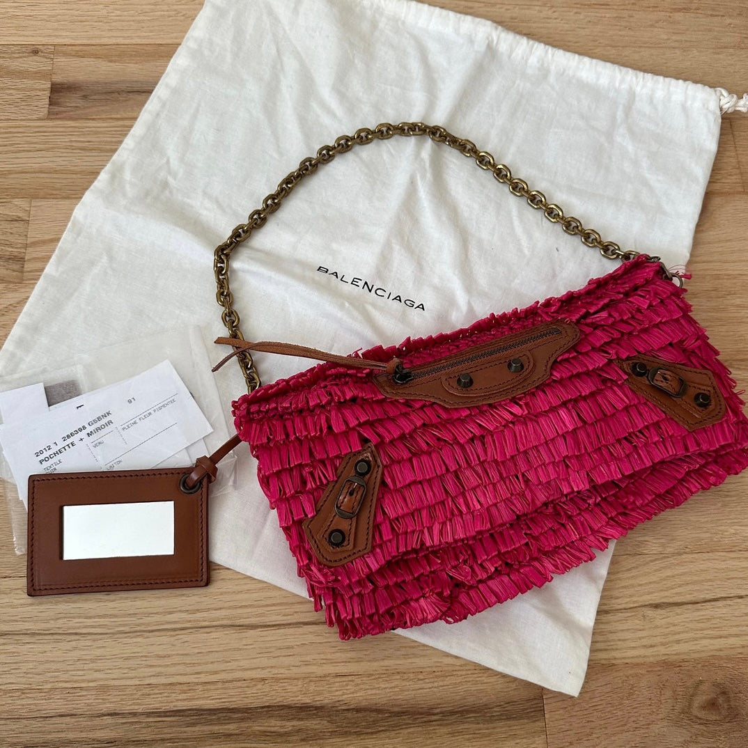 Balenciaga Woven Pink & Beige Panier Large Basket Rafia Tote w/ Mirror