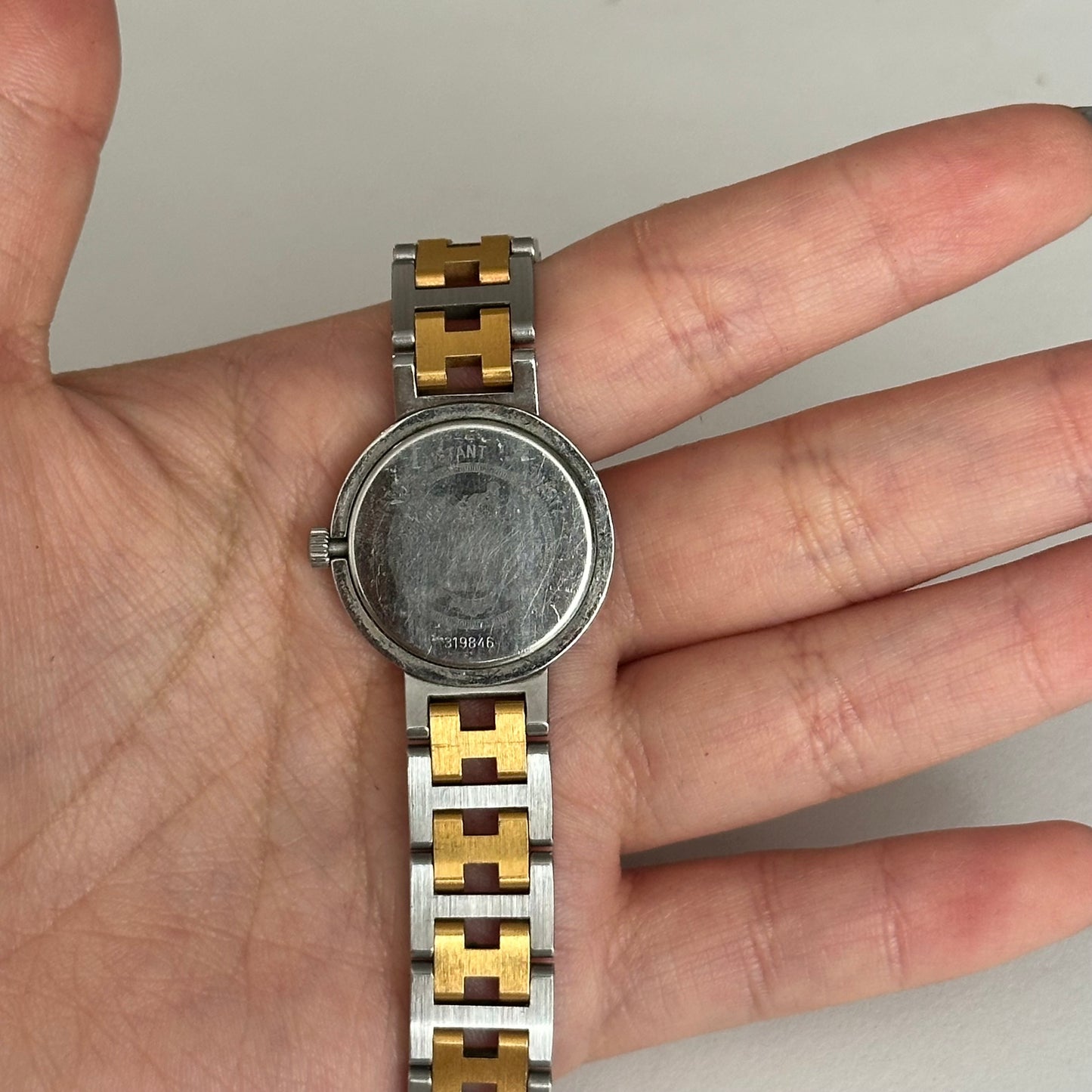Hermes Dainty 24mm White Dial Clipper Two Tone Date Window Watch