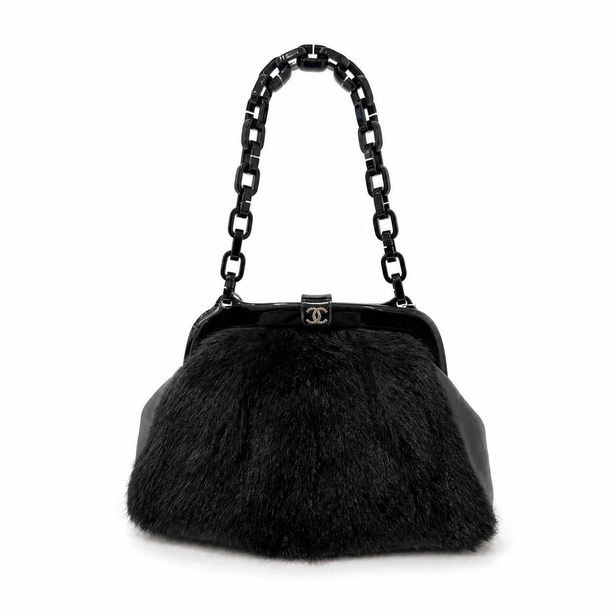 Chanel Black Fur Frame Shoulder Bag w/ Plastic Strap
