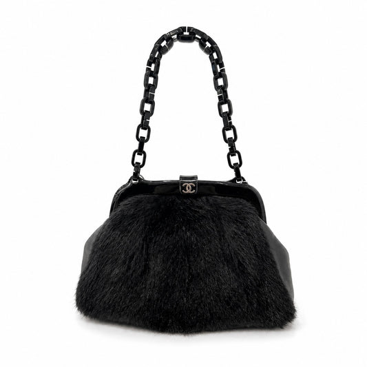 Chanel Black Fur Frame Shoulder Bag w/ Plastic Strap