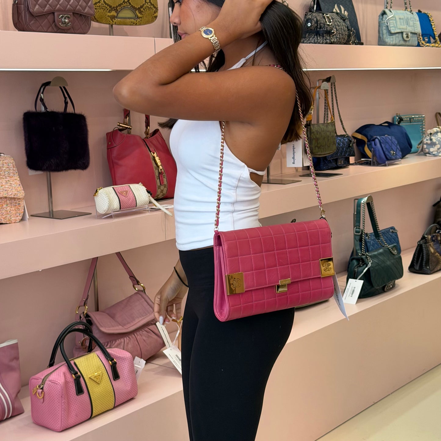 Chanel Pink Lambskin Leather Chocolate Bar Shoulder Bag