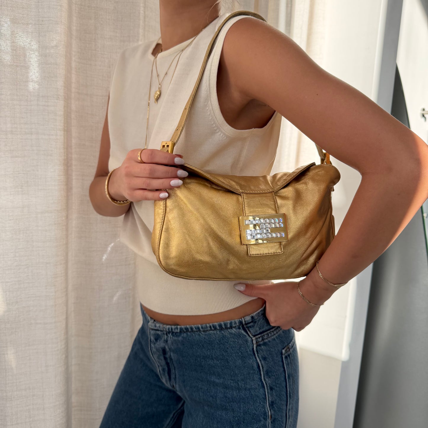 Fendi Gold Metallic Leather Rounded Baguette Shoulder Bag