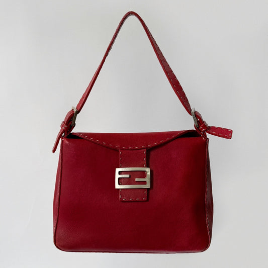 Fendi Red Leather Selleria Rounded Flap Mamma Baguette