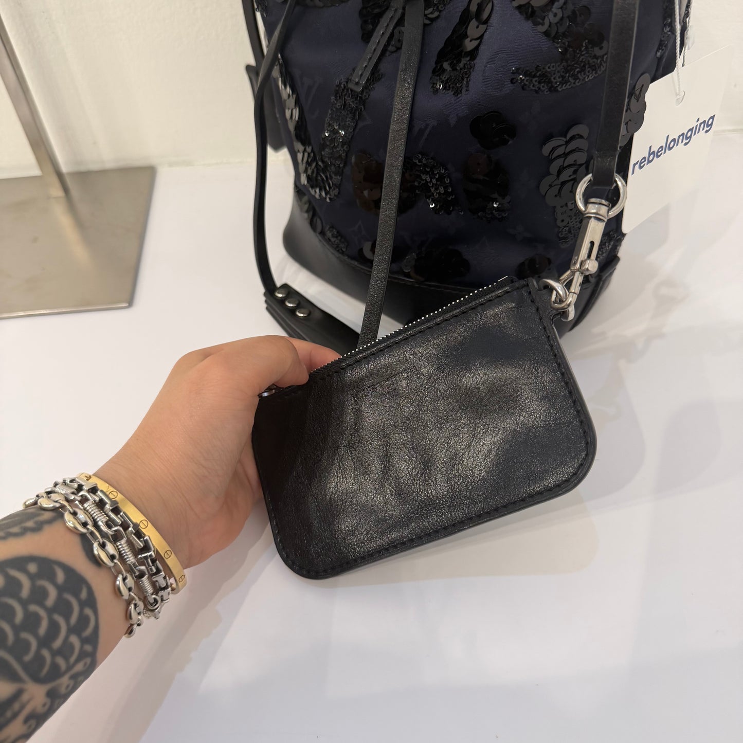 Louis Vuitton Navy Satin Monogram Spotlight PM Black Sequin Bucket Bag