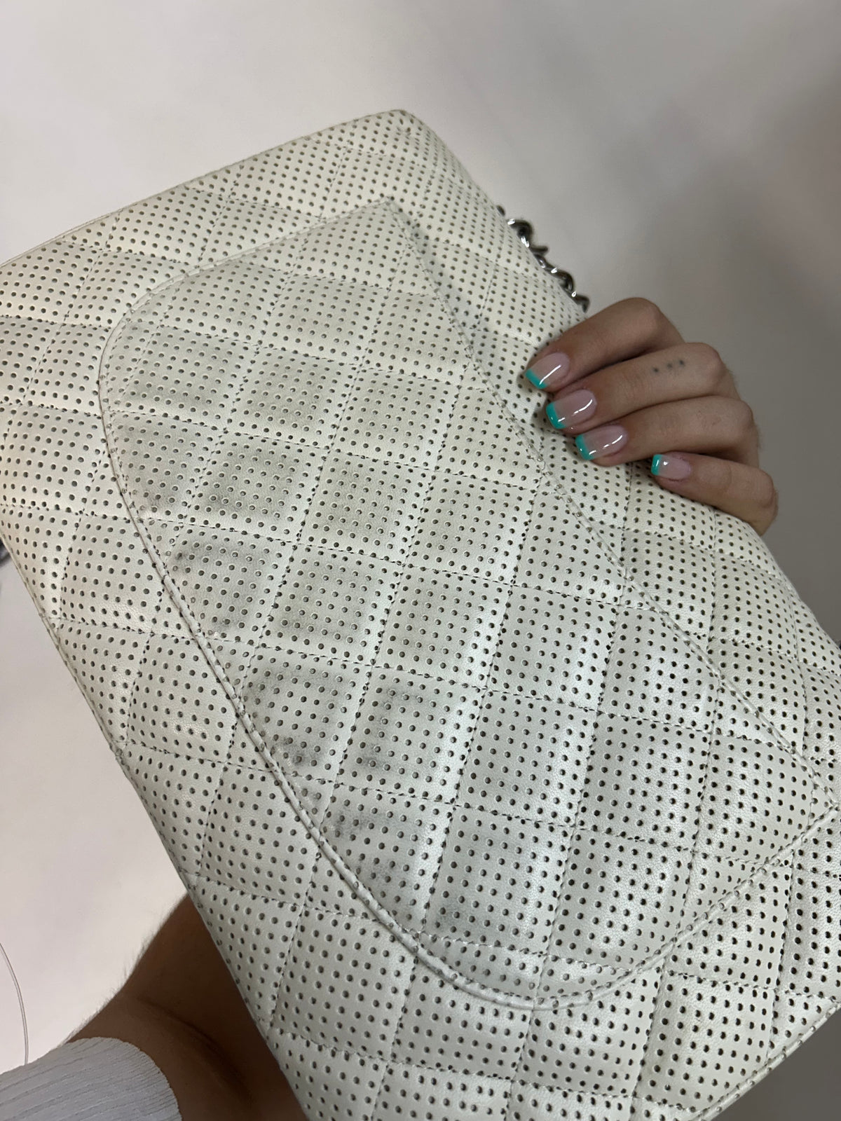 Chanel White Lambskin Leather Perforated Flap Shoulder Bag SHW