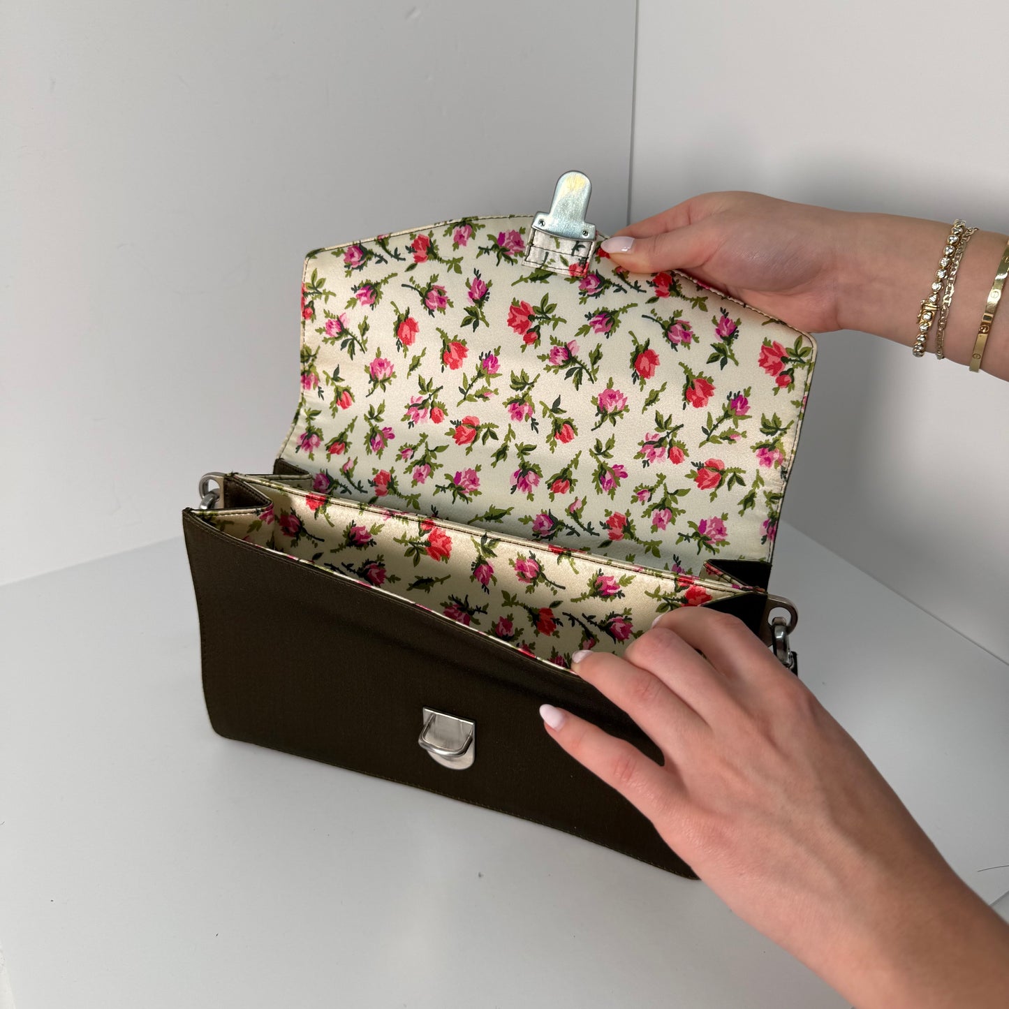 RARE Prada Green Silk Reversible Floral Top Handle Clutch