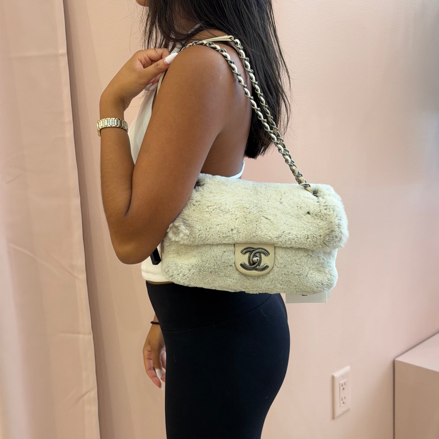 Chanel Beige Rabbit Fur Flap Chain Shoulder Bag