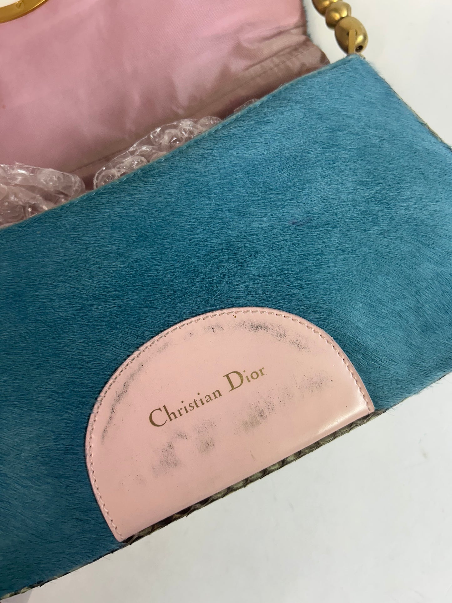Christian Dior Blue & Pink Ponyhair and Snakeskin Malice Bag