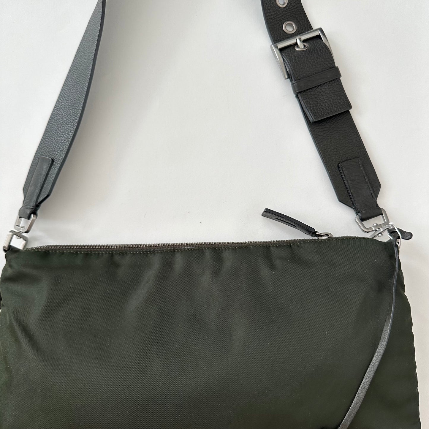 Prada Green Nylon Shoulder Bag W/ Leather Strap