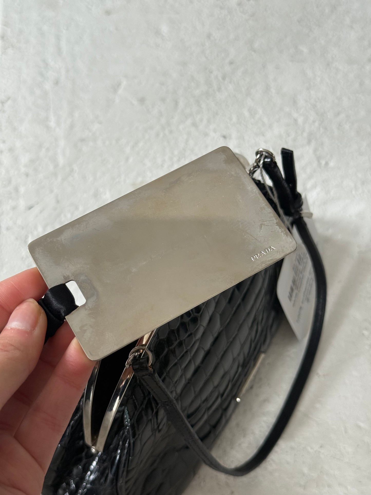 RARE Prada Black Alligator Shine Leather Small Evening Bag w/ Mirror