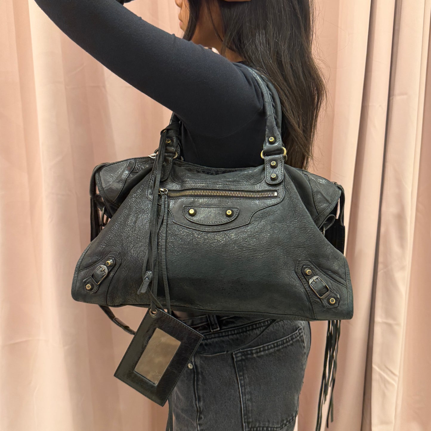 Balenciaga Black Leather City Bag Brass HW