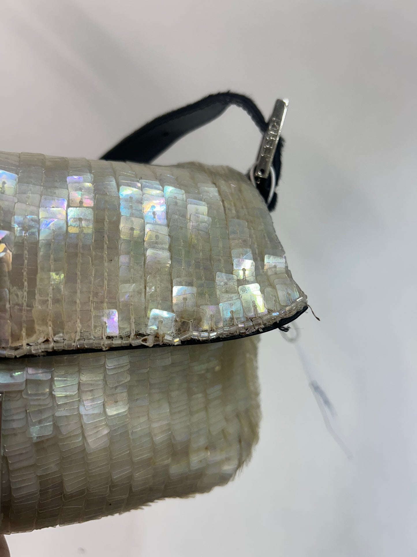 Fendi Ivory Shimmer Sequin & Beaded Baguette with Ponyhair Shoulder Bag