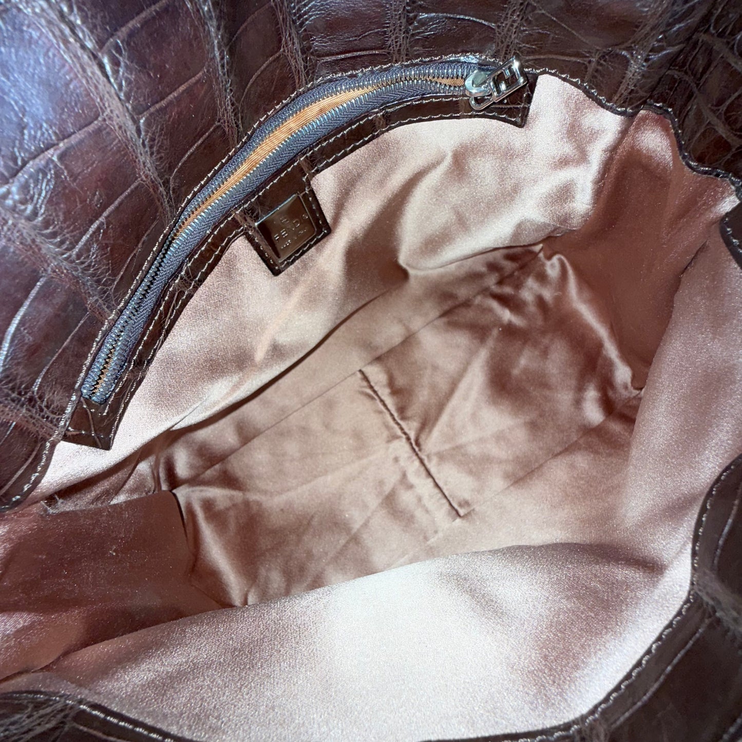 Fendi Brown Crocodile Leather Rafia Linen Mamma Baguette