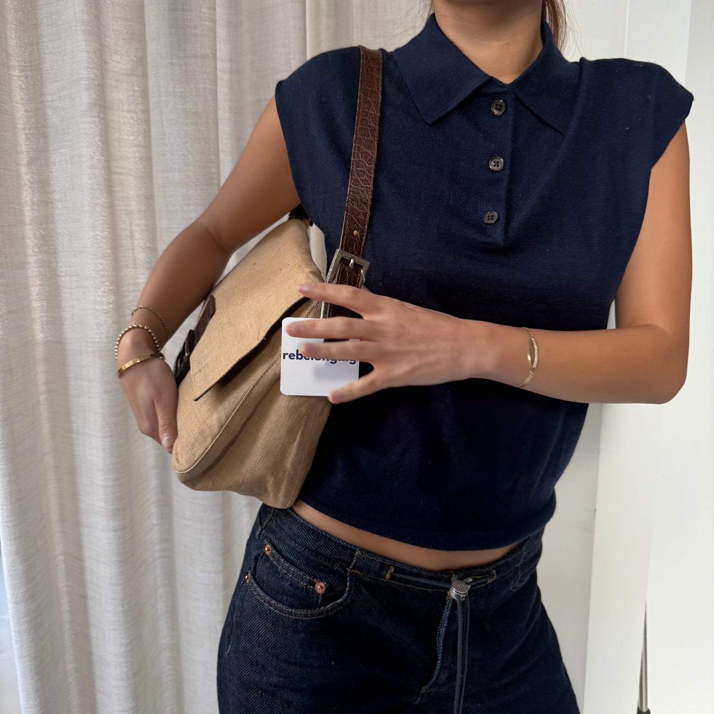 Fendi Brown Crocodile Leather Rafia Linen Mamma Baguette