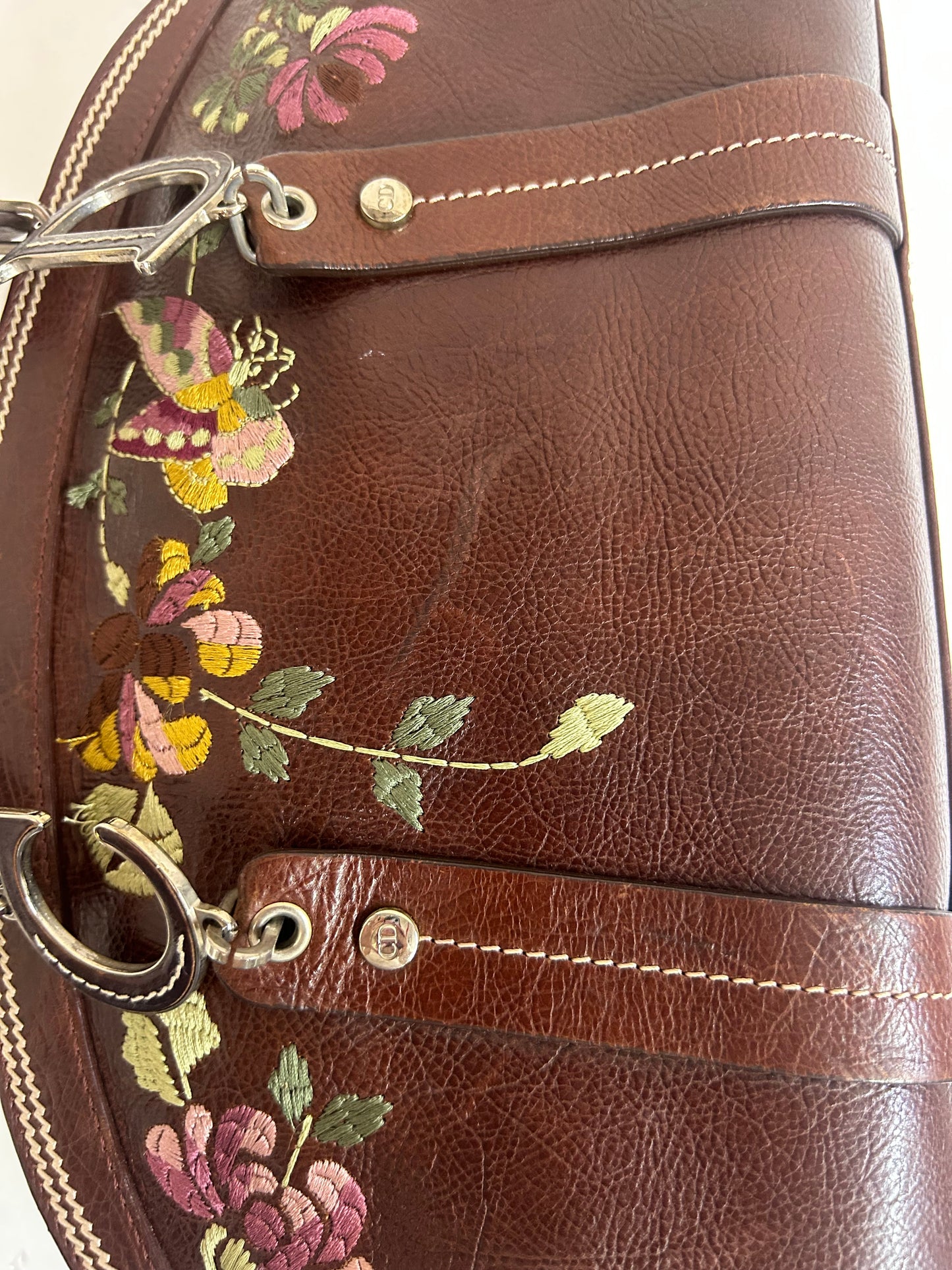 Christian Dior Brown Leather Floral Embroidered Detective Bowler Bag