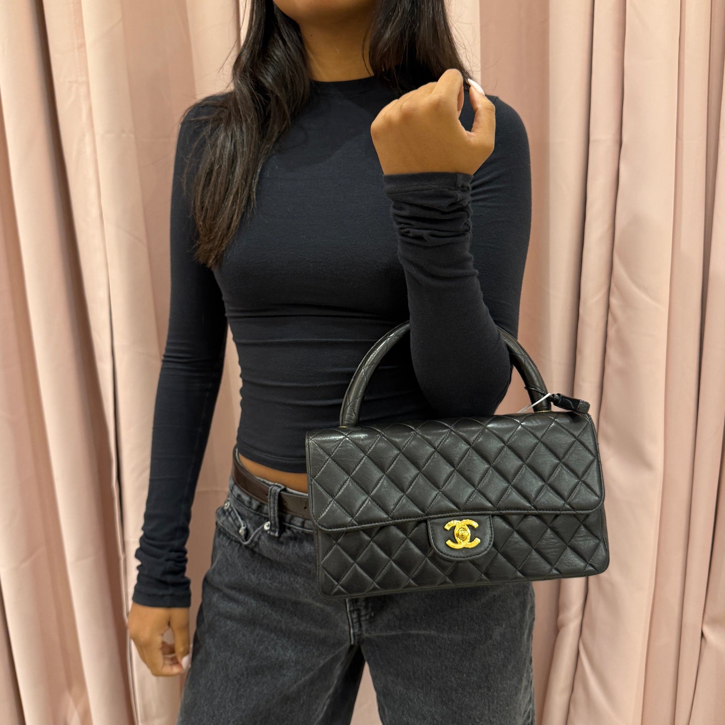 Chanel Black Lambskin Leather Quilted Medium Kelly Flap Top Handle Bag