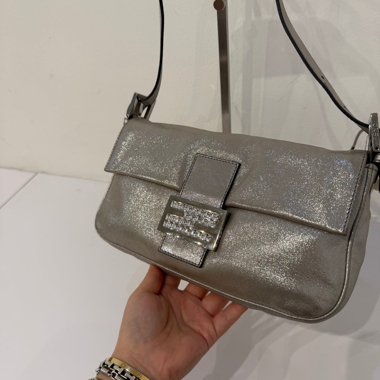 Fendi Silver Metallic Textured Leather Baguette