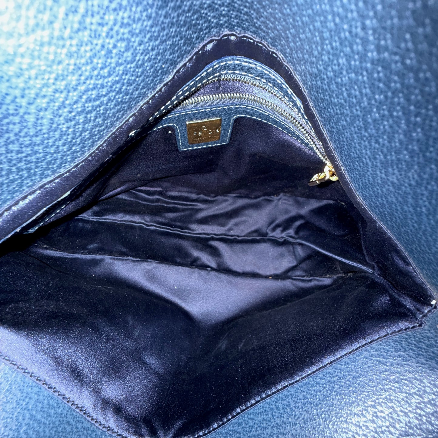 Fendi Navy Blue & Stone Hardware Flap Over Baguette Shoulder Bag