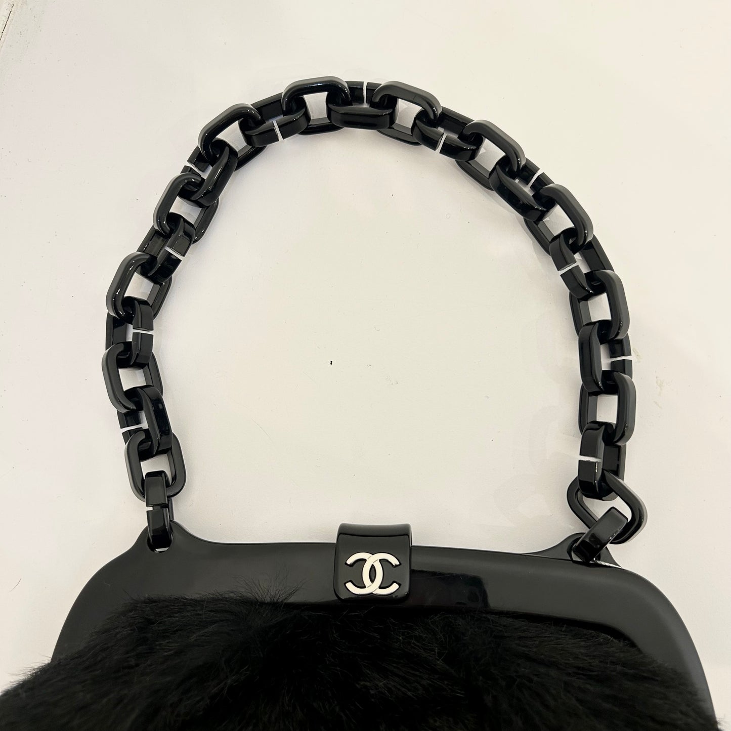 Chanel Black Fur Frame Shoulder Bag w/ Plastic Strap