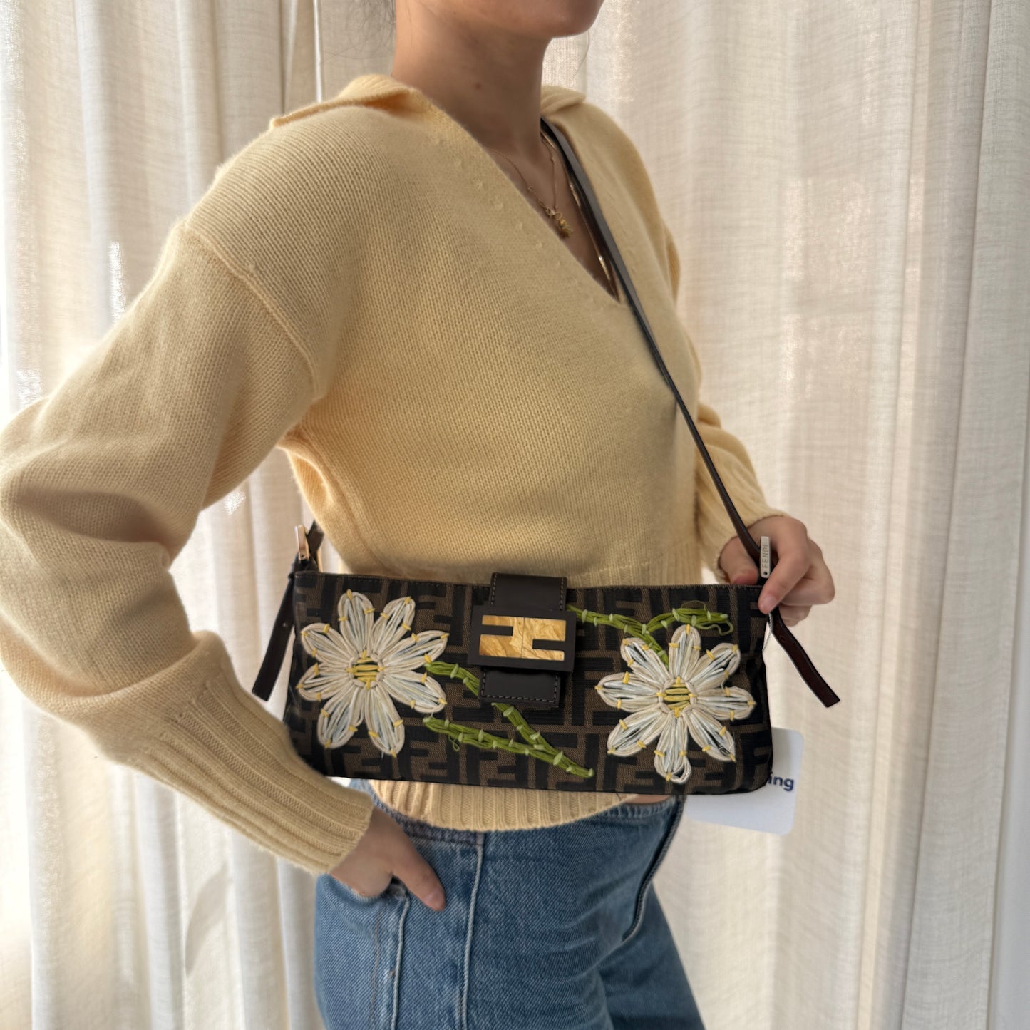Fendi Brown Multicolored Zucca Embroidered Flower Crossbody Bag