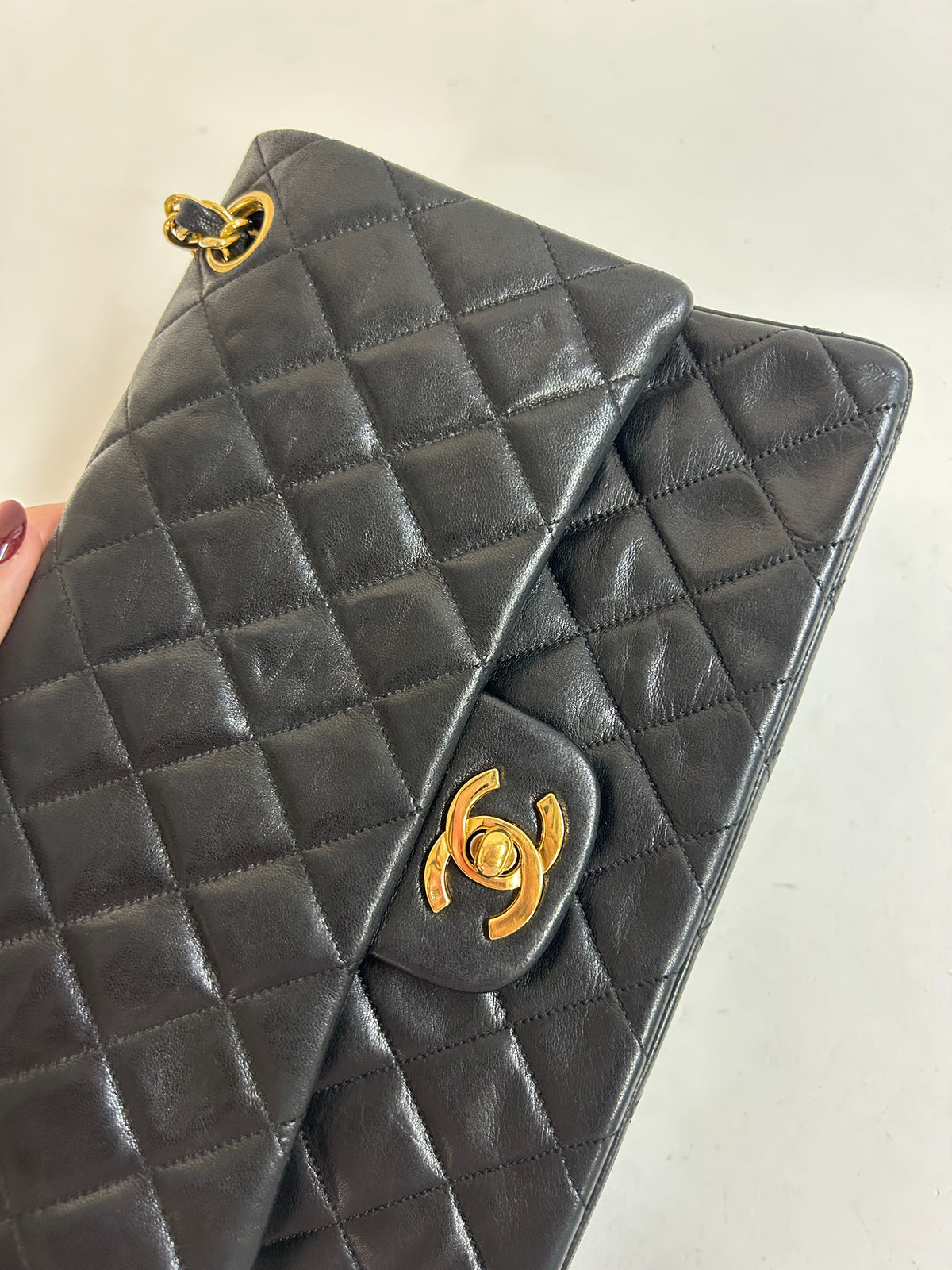 Chanel Black Lambskin Leather Quilted Double Flap Chain Shoulder Bag GHW
