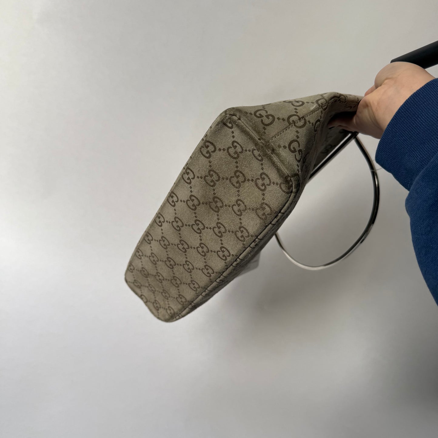 Gucci Beige Suede Monogram SIlver Top Handle Bag