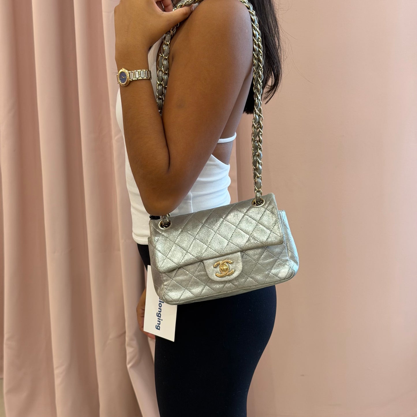 Chanel Silver Metallic Lambskin Leather Quilted Small Flap GHW