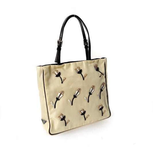 Prada Beige Nylon Embroidered Flower Tote bag
