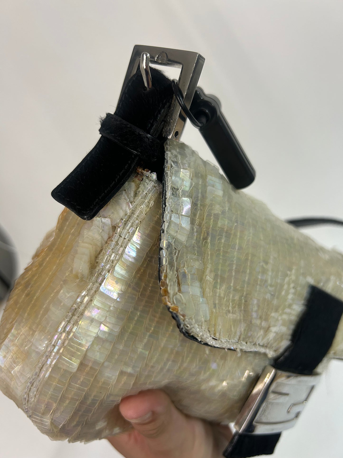Fendi Ivory Shimmer Sequin & Beaded Baguette with Ponyhair Shoulder Bag