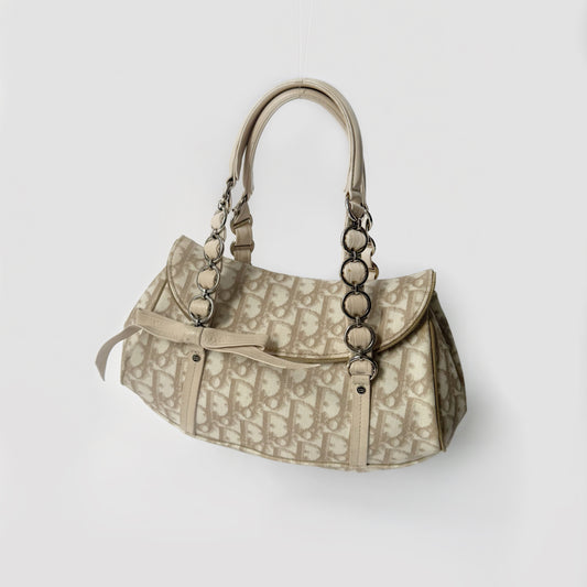 RARE Christian Dior Cream Coated Canvas Trotter Flower Romantique Shoulder Bag