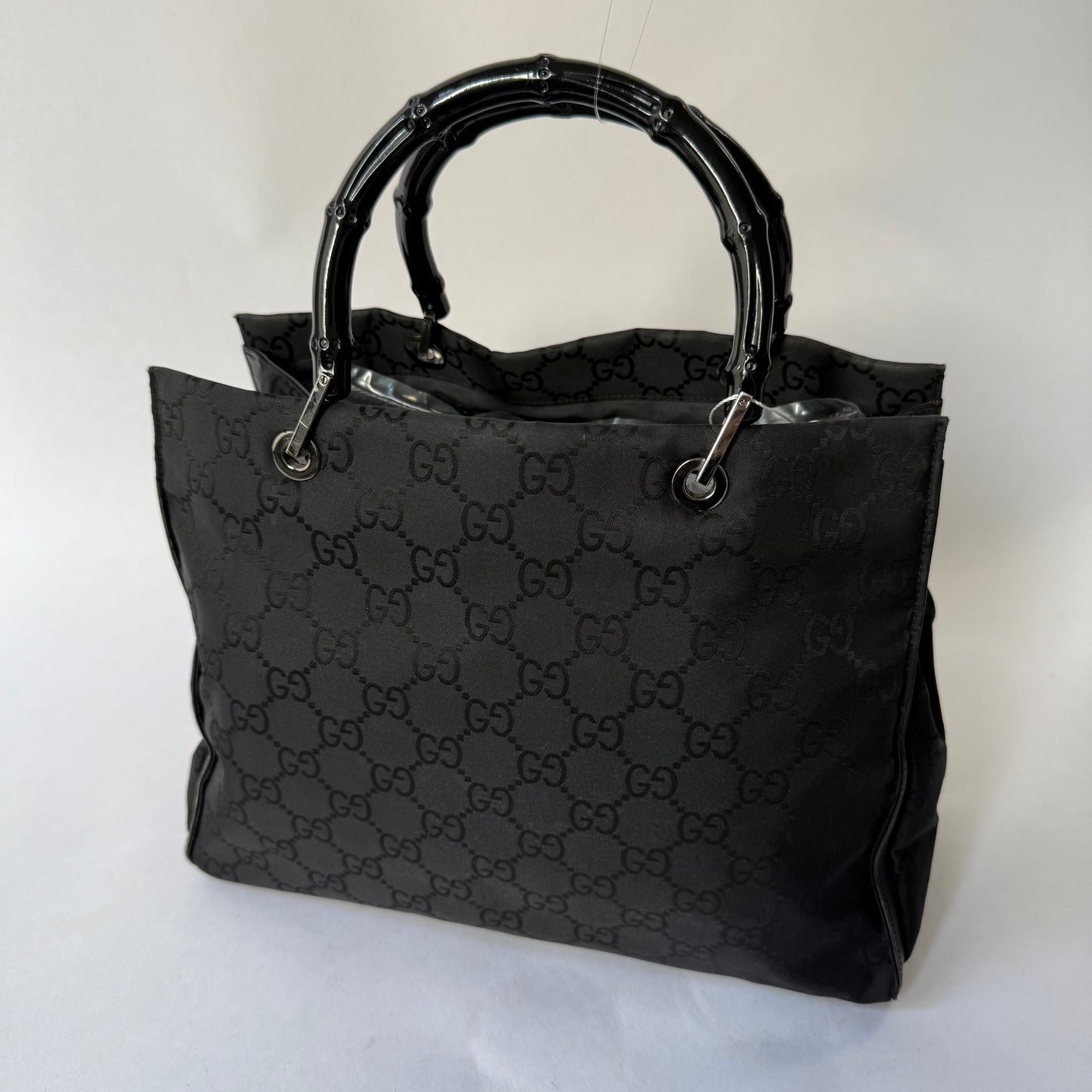 Gucci Black Monogram Canvas Bamboo Handle Shoulder Bag