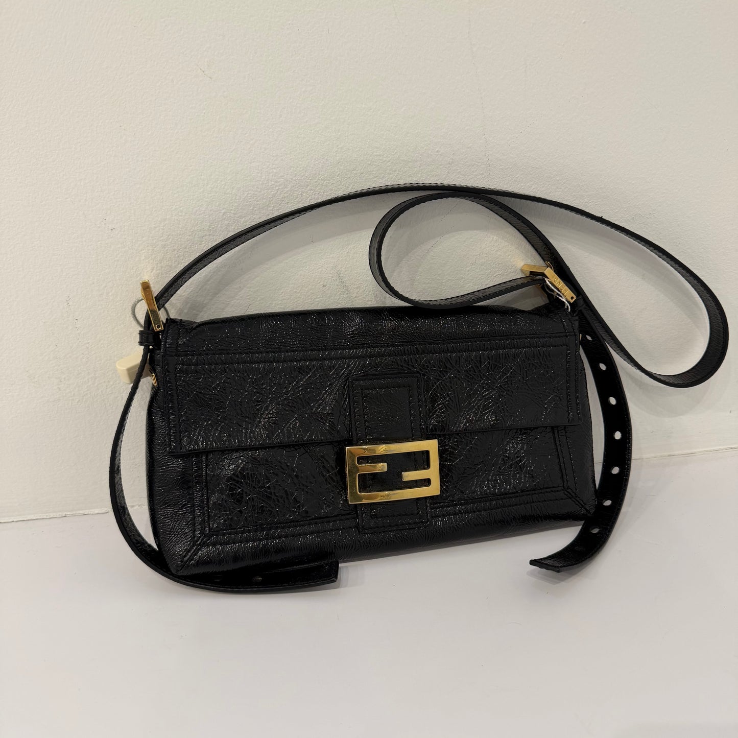 Fendi Black Crinkle Patent Leather Long Strap Baguette