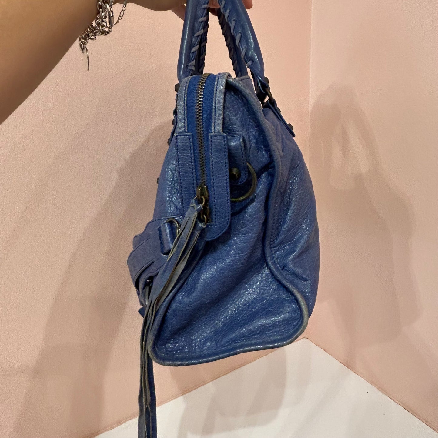 Balenciaga Blue Leather City Bag Brass HW