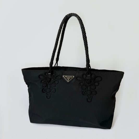 Prada Black Nylon Floral Embroidered Shoulder Bag