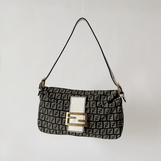 Fendi Zucchino & White Leather Baguette Shoulder Bag