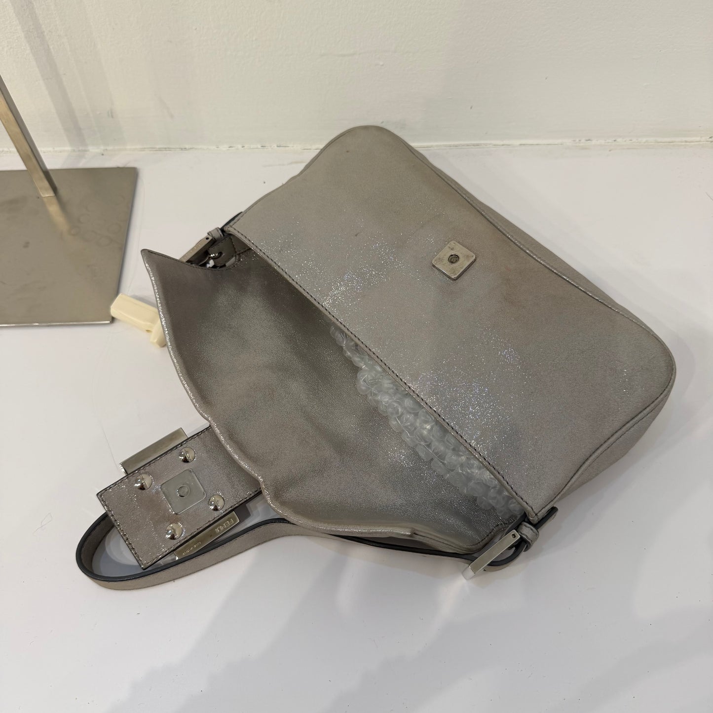 Fendi Silver Metallic Textured Leather Baguette