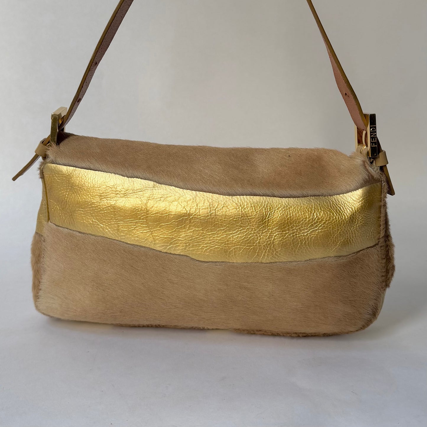 Fendi Brown & Gold Pony Hair Baguette Shoulder Bag