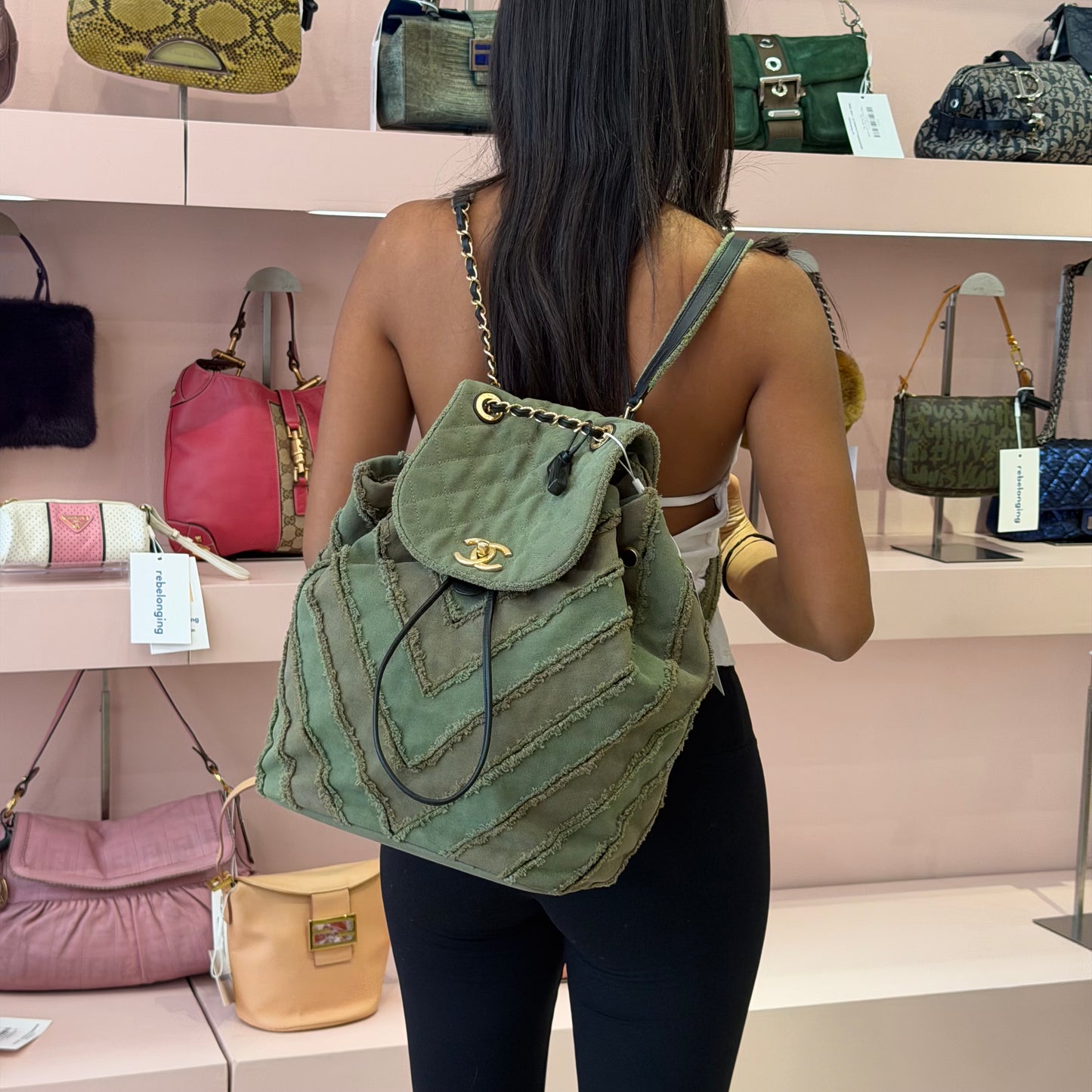 Chanel Green Khaki Canvas Chevron Patchwork Backpack